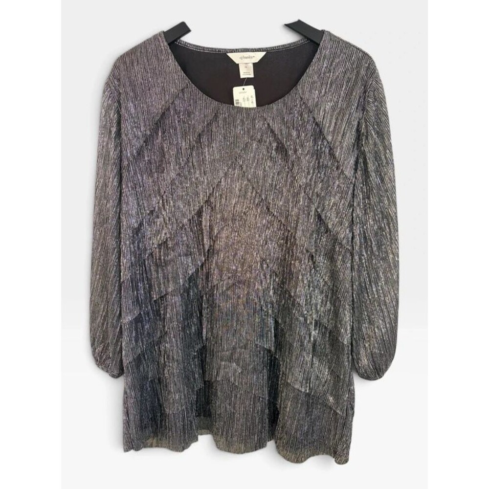 CJ Banks Plus Size 2X Metallic Glitter Plisse Chevron Blouse Holiday Party NWT
